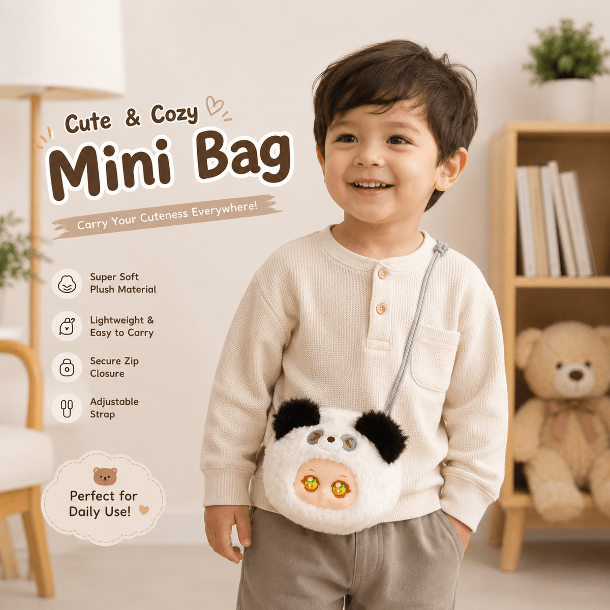 Cute Plush Mini Crossbody Kids Bag ( Size 6 × 5 Inch ) Soft Cartoon Coin Pouch