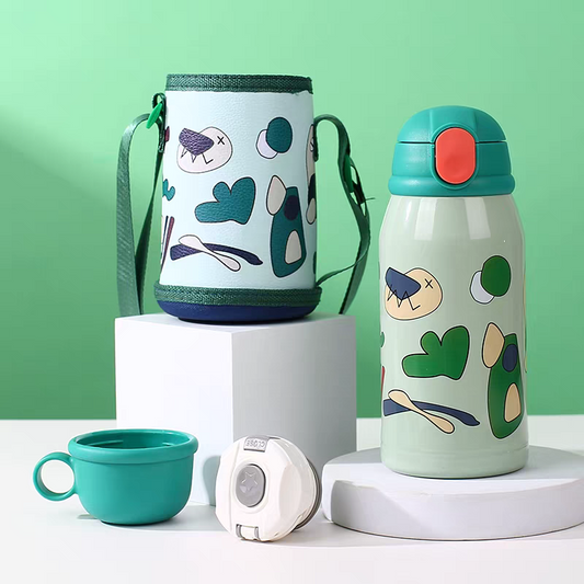 Imported Childrens Stainless Steel Water Bottle with 2 Different Caps & Bottle Cover Bag | 316 Sus | 470 ml Capacity