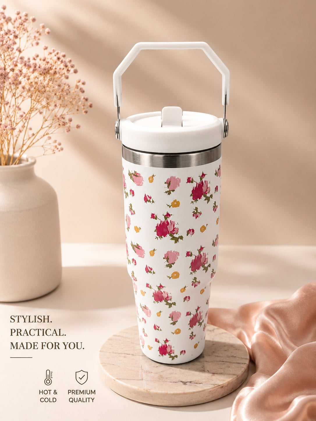 Premium Floral Stainless Steel Handle Tumbler – 30oz / 890ml - Sus 306