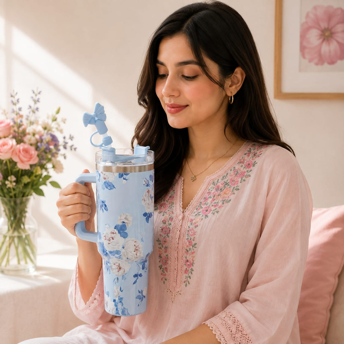 40 Oz Stainless Steel Floral Tumbler with Bow Stopper – Hot & Cold ❄🔥