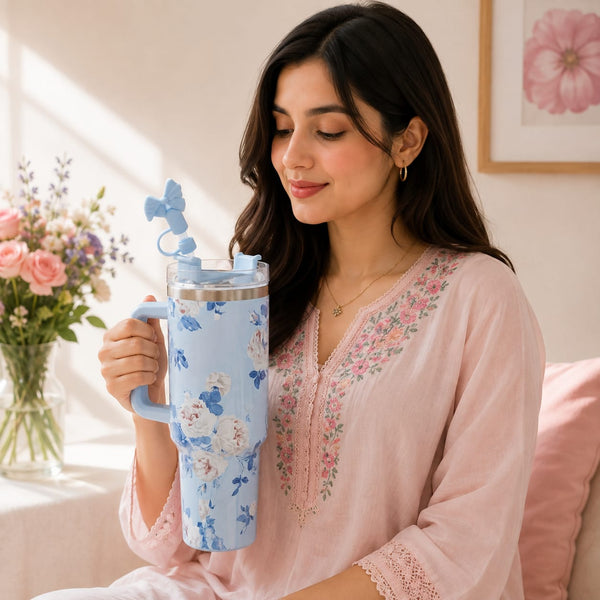40 Oz Stainless Steel Floral Tumbler with Bow Stopper – Hot & Cold ❄🔥