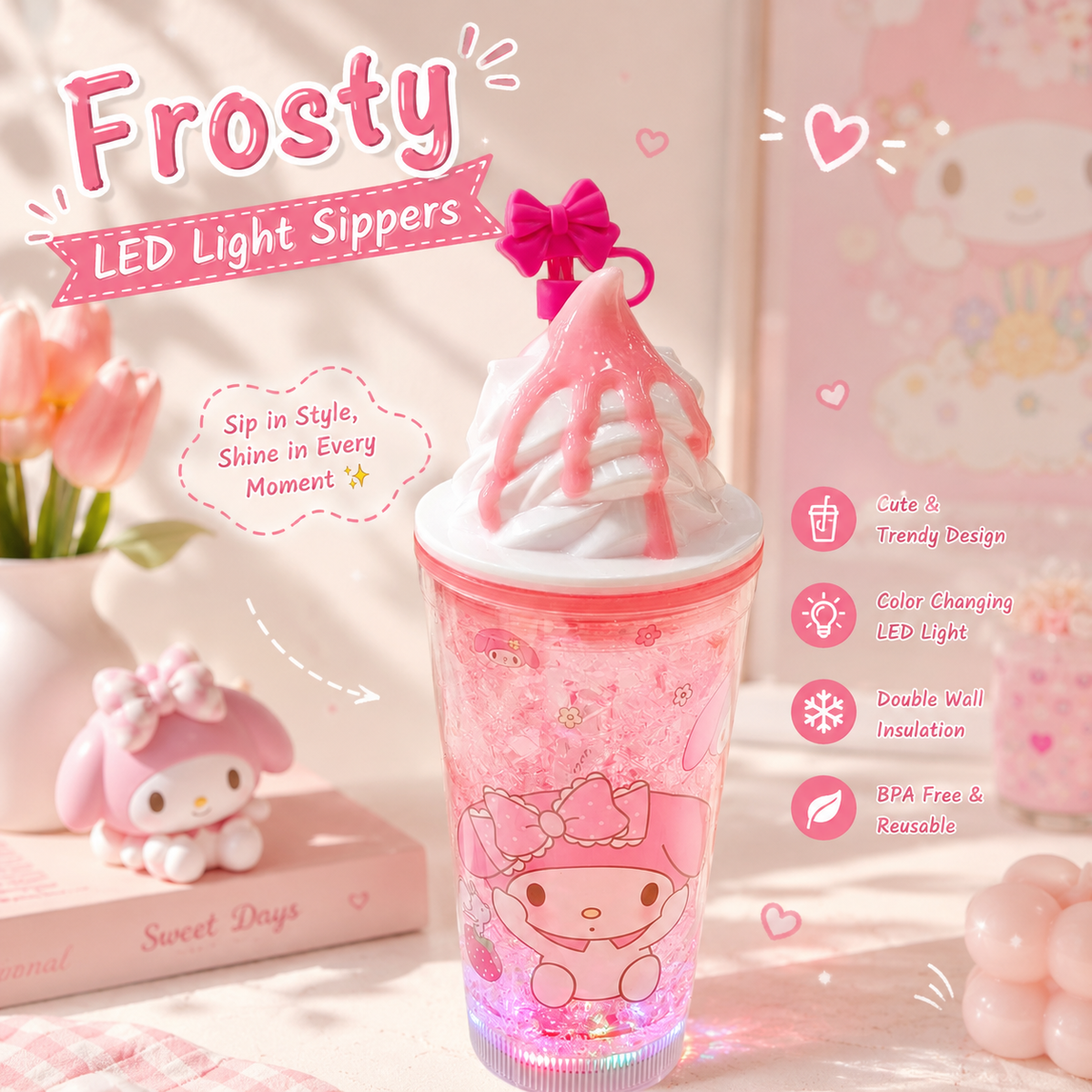 Sanrio Led Light Jelly Frosty Sippers ❄️ Built-in Freezer Gel Cooling 🌈 Color Chaging Lights With Bow Stopper