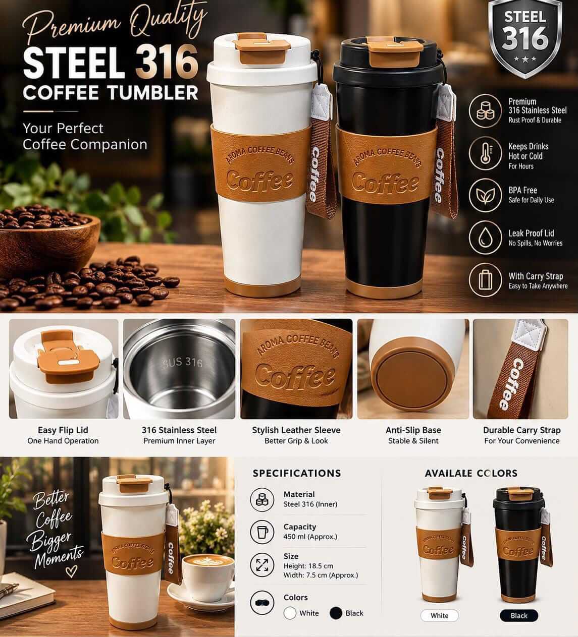 Premium Stainless Steel Coffee Travel Cup | SUS 316 | 450ml | Hot & Cold