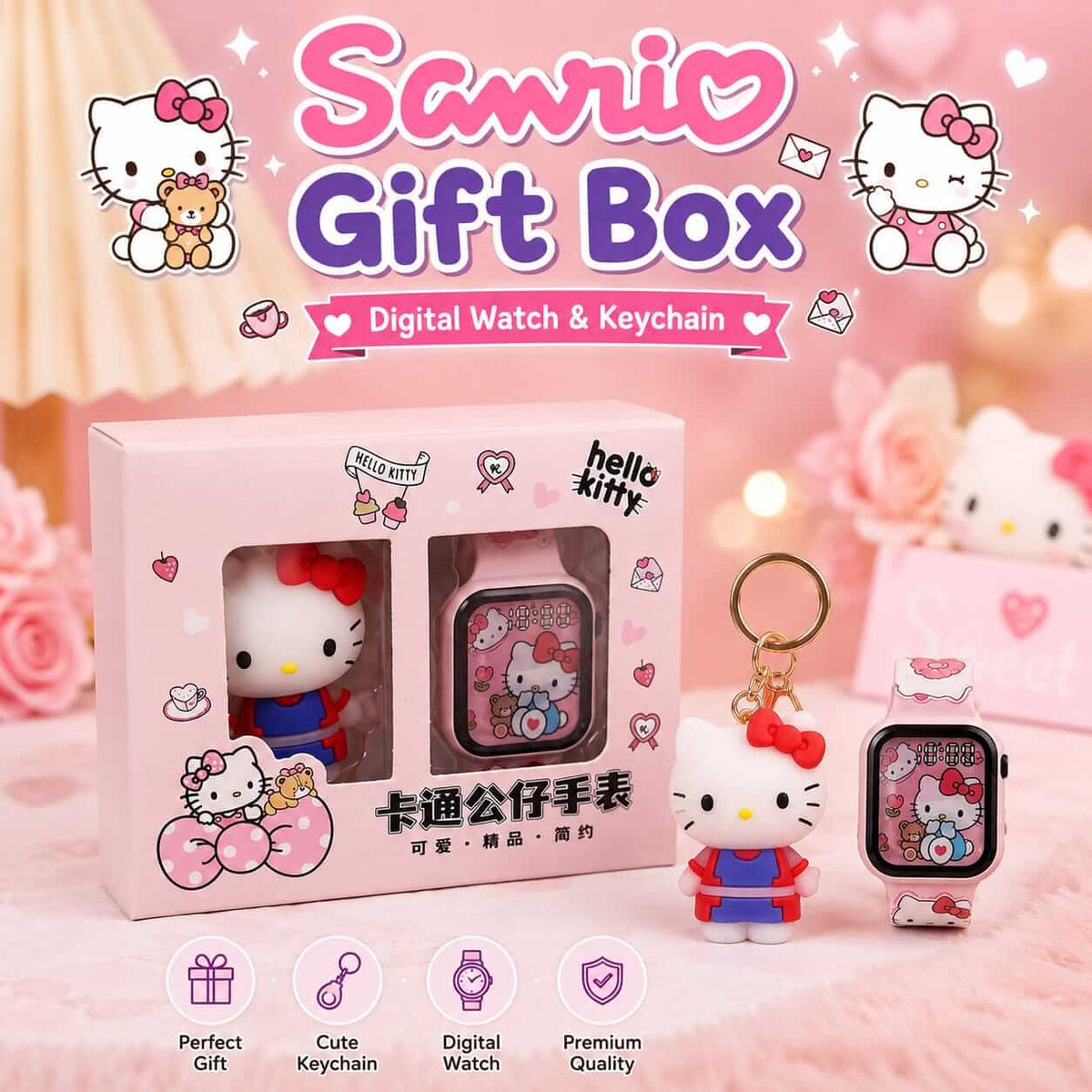 🎁 Sanrio Gift Box – Digital Watch & Keychain for Childrens