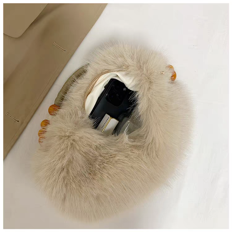 Luxury Faux Fur Plush Shoulder Bag with Wooden Beaded Handle