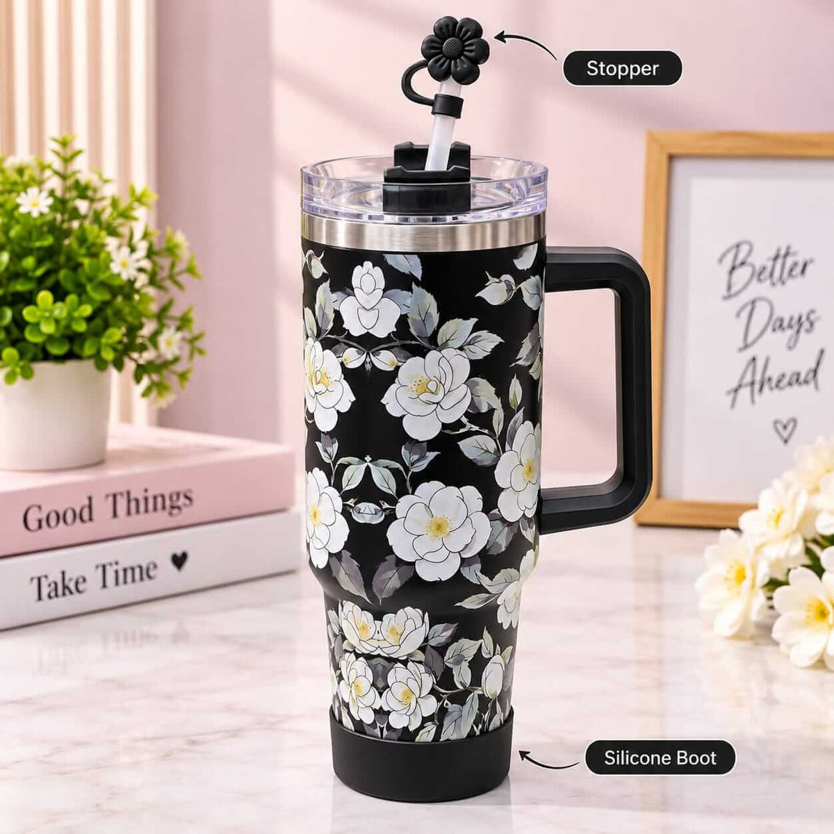 40 Oz Stainless Steel Floral Tumblers with Straw Stopper & Silicone Boot