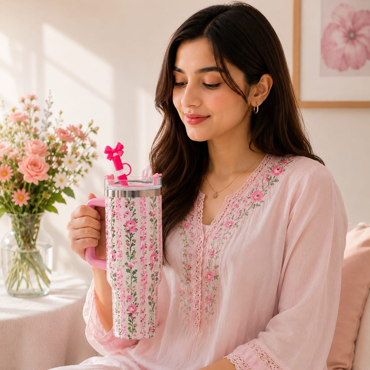 40 Oz Stainless Steel Floral Tumbler with Bow Stopper – Hot & Cold ❄🔥