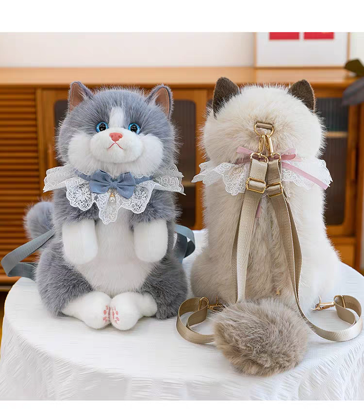 😻 Large Size Plush Fur Cat Backpack with Meow Sound 🔊
