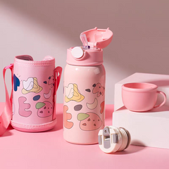Imported Childrens Stainless Steel Water Bottle with 2 Different Caps & Bottle Cover Bag | 316 Sus | 470 ml Capacity