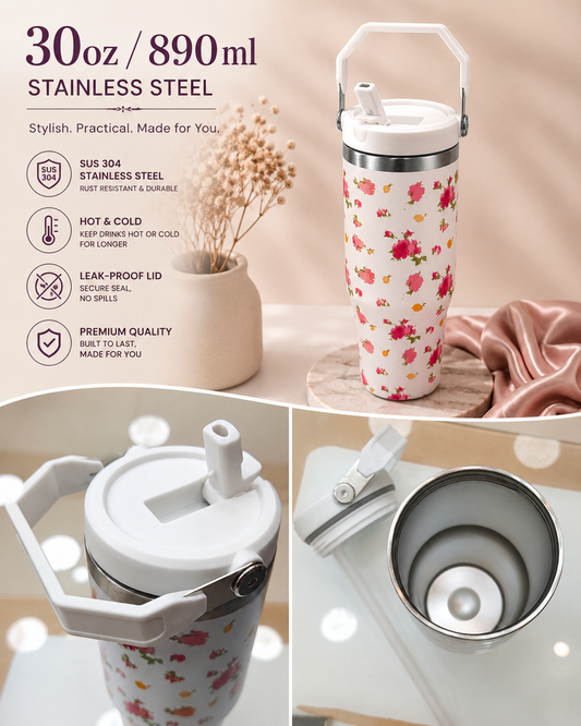 Premium Floral Stainless Steel Handle Tumbler – 30oz / 890ml - Sus 306