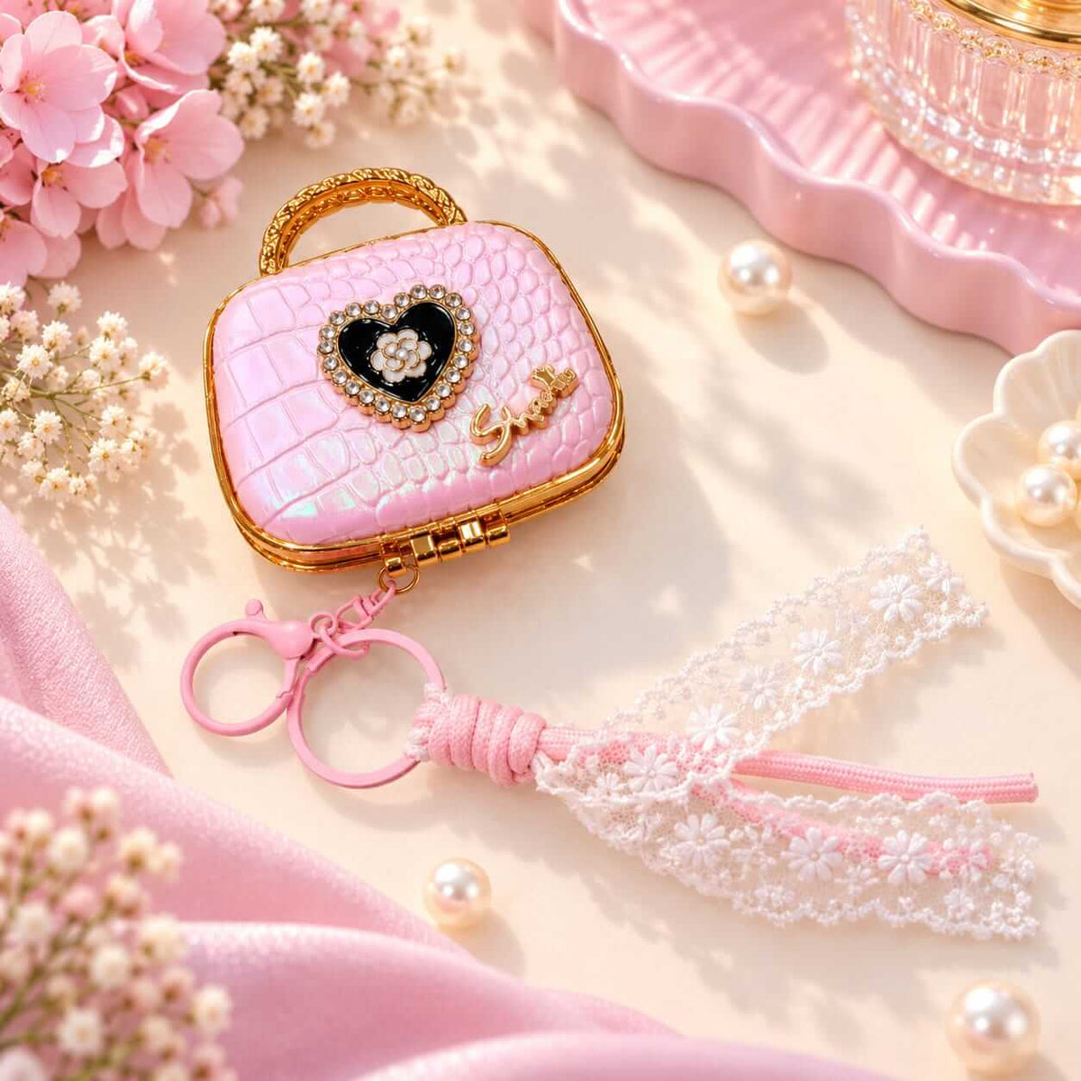 Cute Mini Mirror Keychain with Lace Tassel Charm Keychain