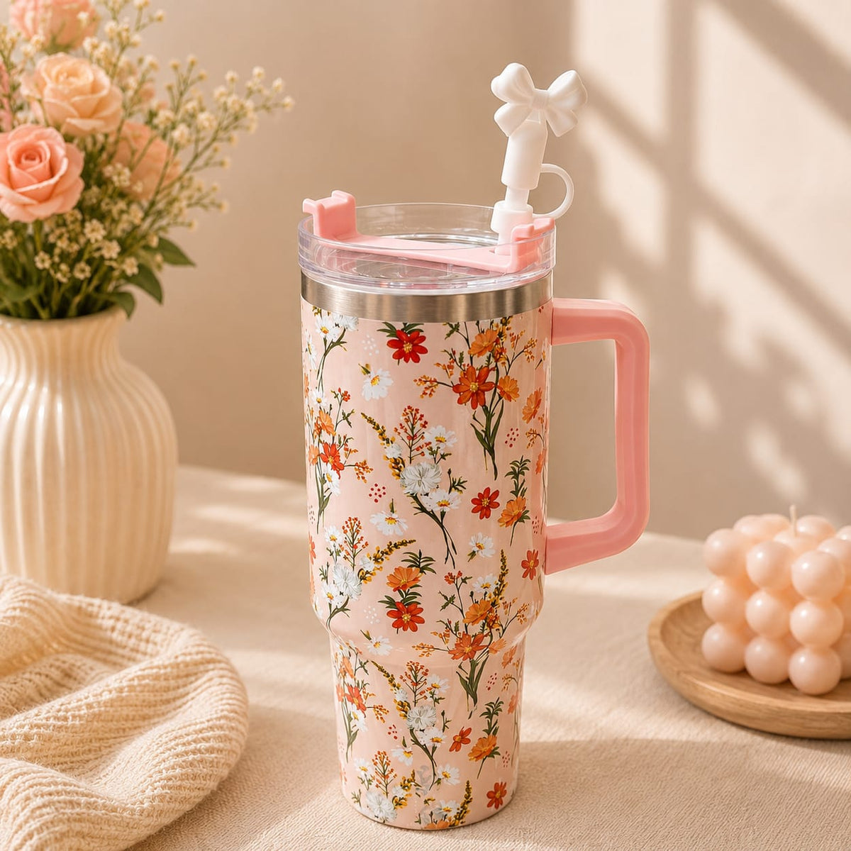40 Oz Stainless Steel Floral Tumbler with Bow Stopper – Hot & Cold ❄🔥