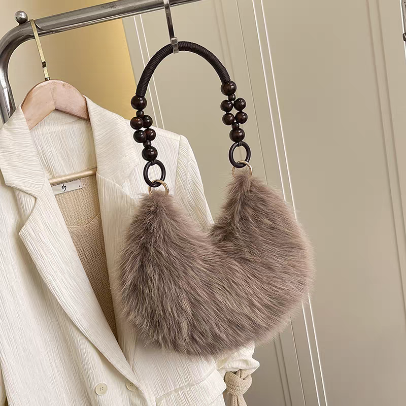 Luxury Faux Fur Plush Shoulder Bag with Wooden Beaded Handle