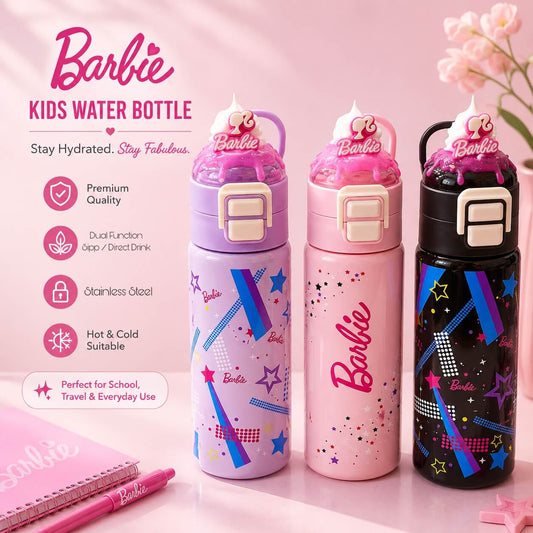 Barbie Stainless Steel Dual Drinking Water Bottle – 520ml | Sipper & Direct Drink