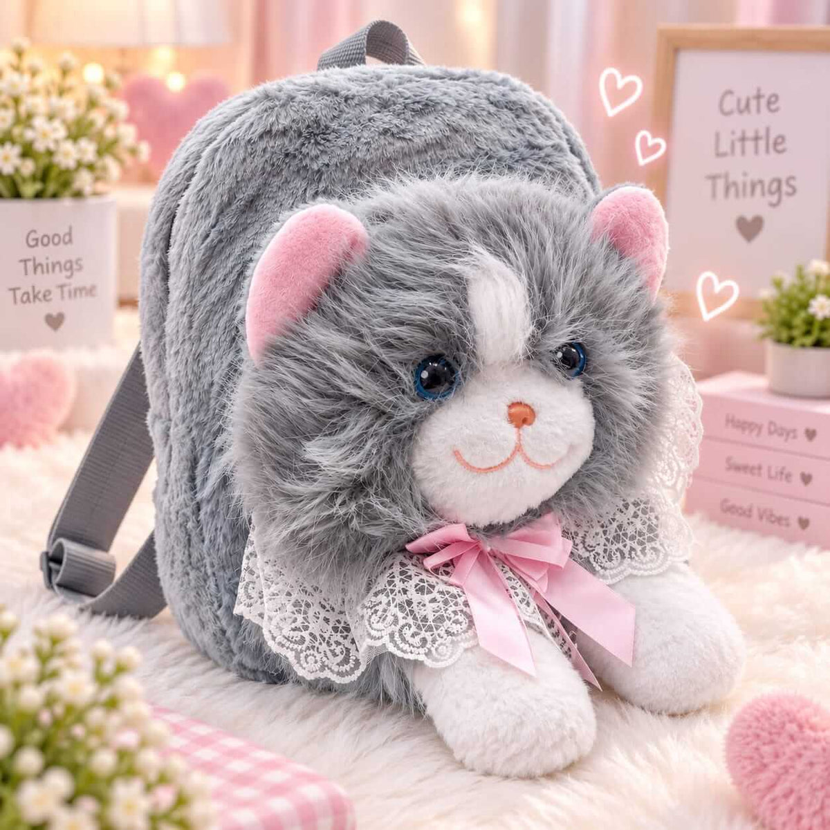 Fluffy Cat Plush Backpack for Girls – Small Size | 12 × 10 Inch