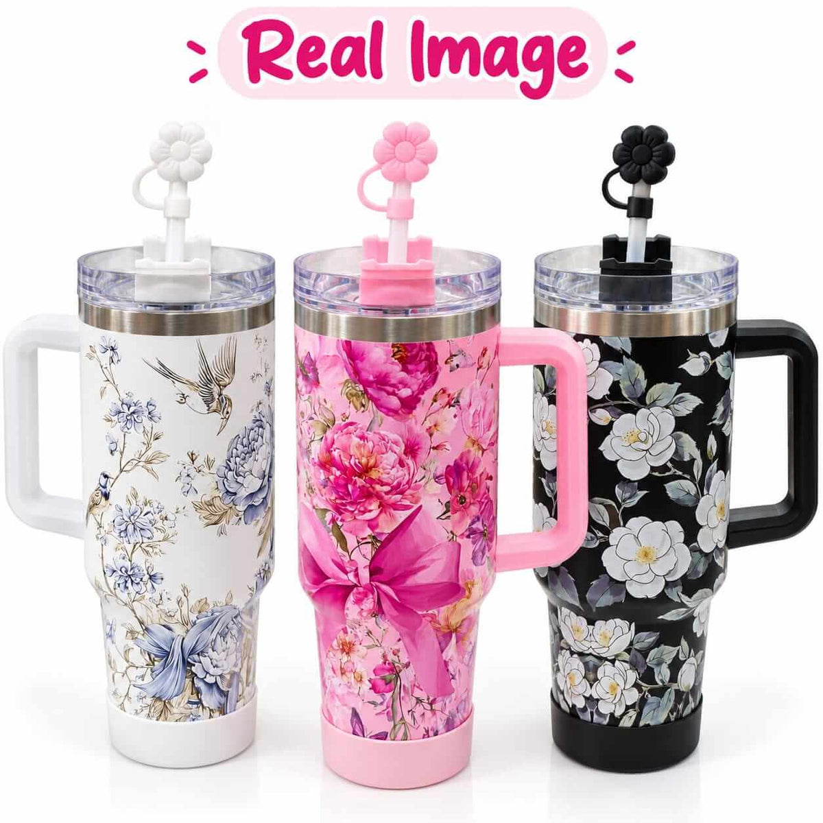 40 Oz Stainless Steel Floral Tumblers with Straw Stopper & Silicone Boot