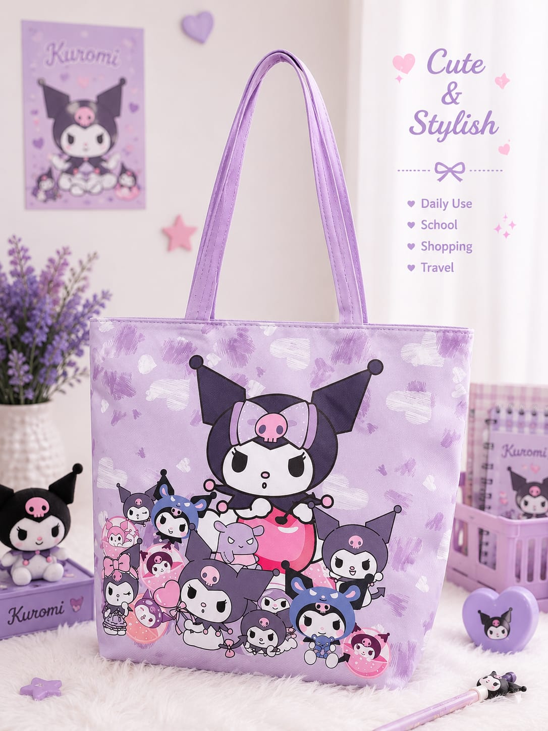 Sanrio Cute Traveling Tote Bags | Large Capacity | Zipper Pocket | Size 17 × 13 Inches