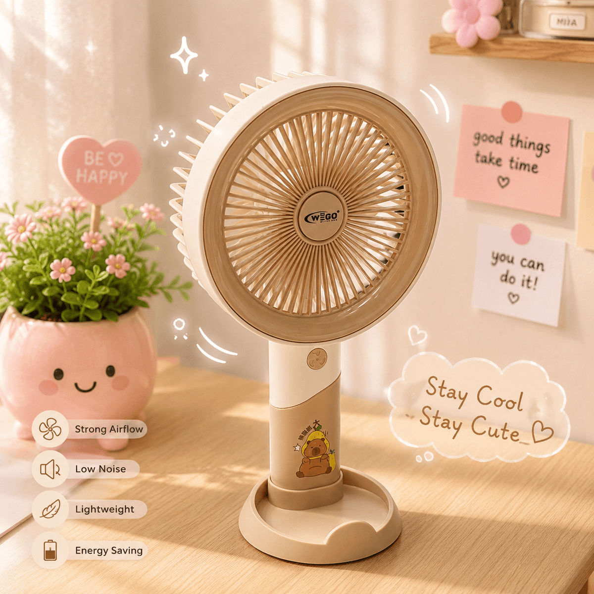 WEGO™ Rechargeable Portable Desk & Hand Fan – 3 Speed | Type-C Charging | 800mAh | Size 9 × 5 Inch