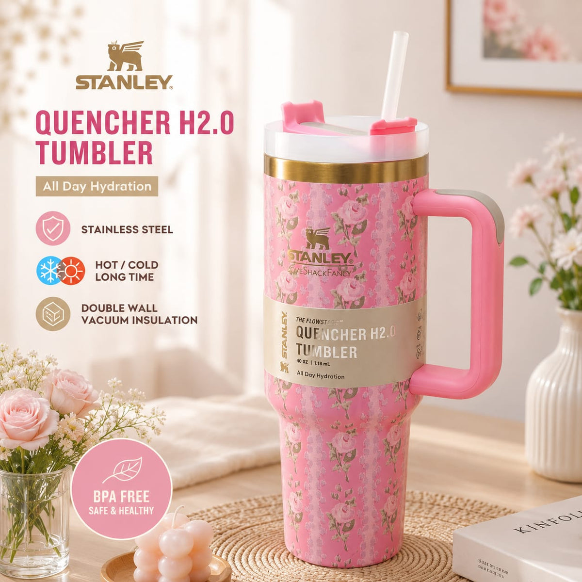 40 Oz Stanley Floral Stainless Steel Vacuum Insulated Tumbler with Handle & Straw