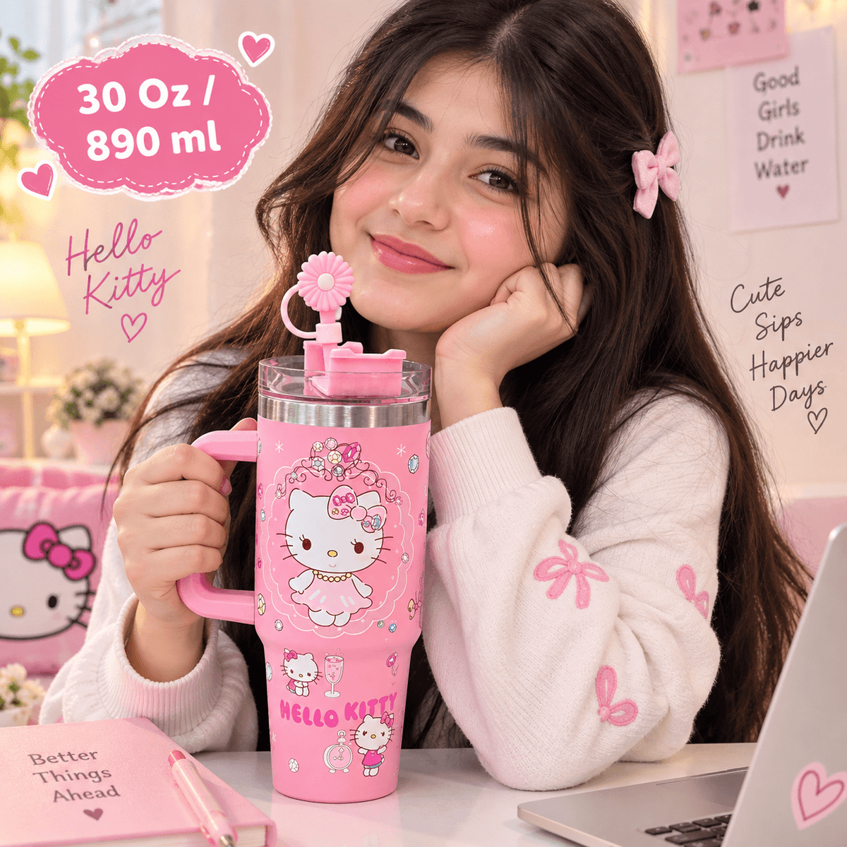 Hello Kitty Stainless Steel Girls Tumblers with Straw Stopper - 30 Oz / 890 ml