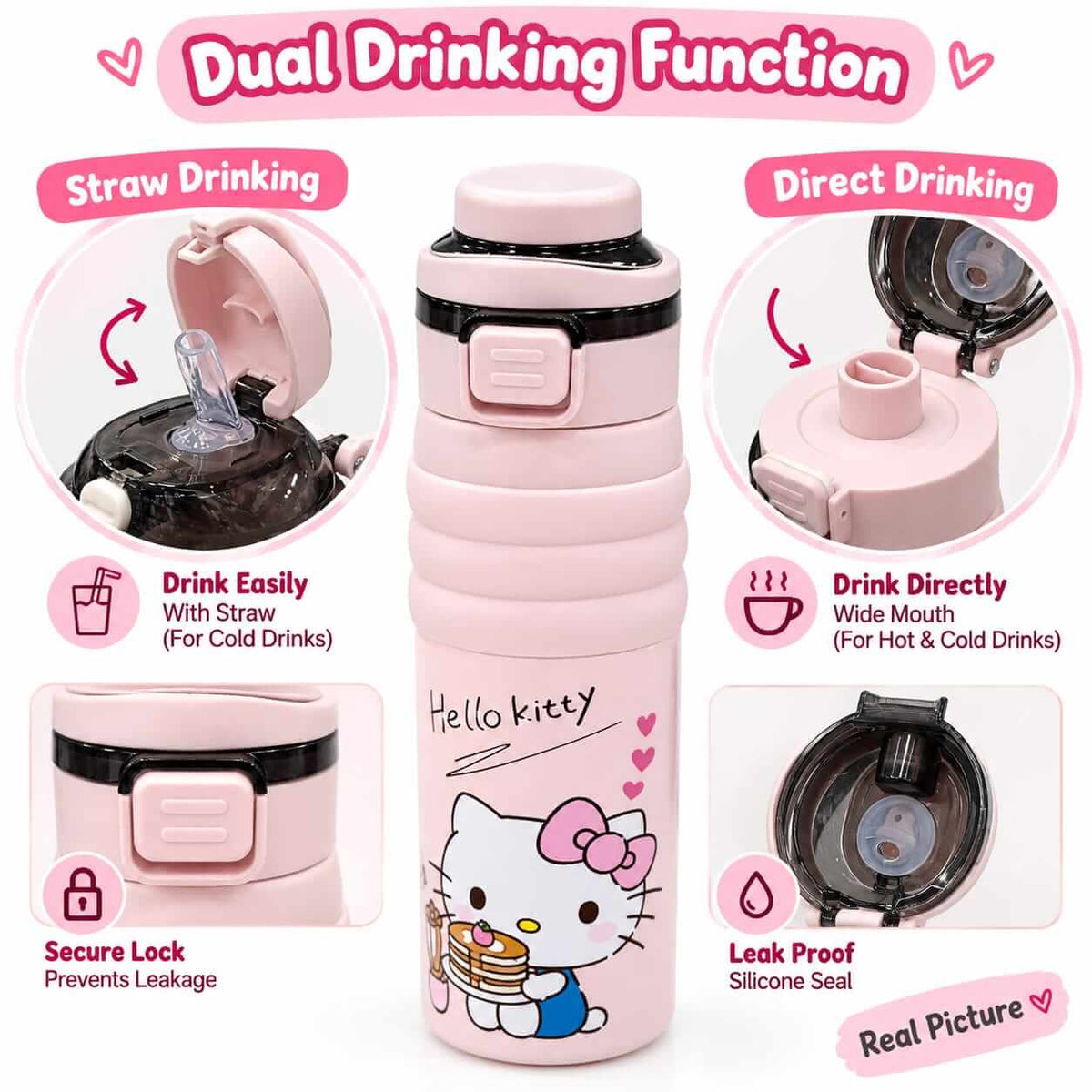 Hello Kitty Stainless Steel Dual Drinking Premium Water Bottle - Sus 316 - 650 ml