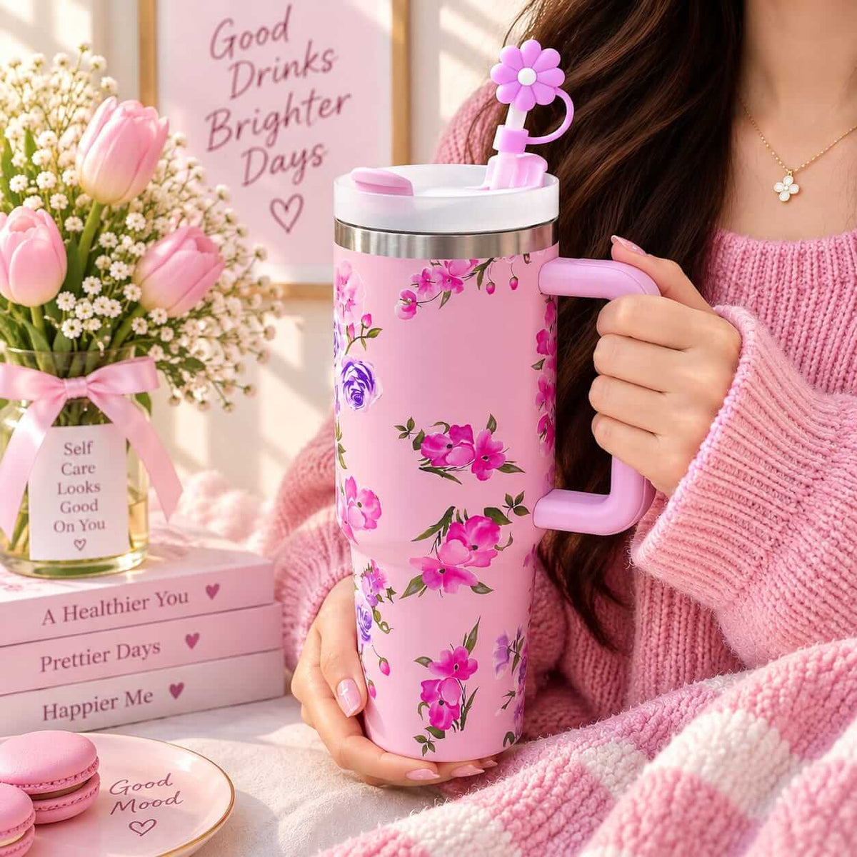 Premium Large Stainless Steel Floral Tumblers - 40 Oz / 1200 ml - Hot & Cold .