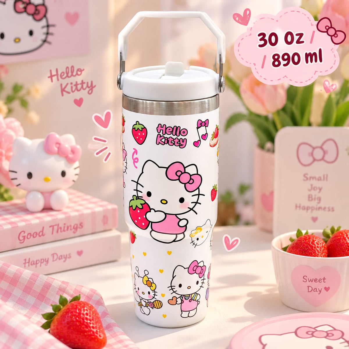 Hello Kitty Stainless Steel Handle Tumblers For Girls - 30 Oz / 890 ml - Hot & Cold