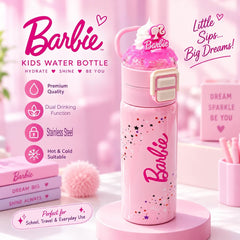 Barbie Stainless Steel Dual Drinking Water Bottle – 520ml | Sipper & Direct Drink