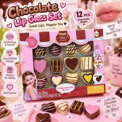 12 Pcs Chocolate Shape Lip Gloss Set for Girls – Cute & Glossy Makeup Collection