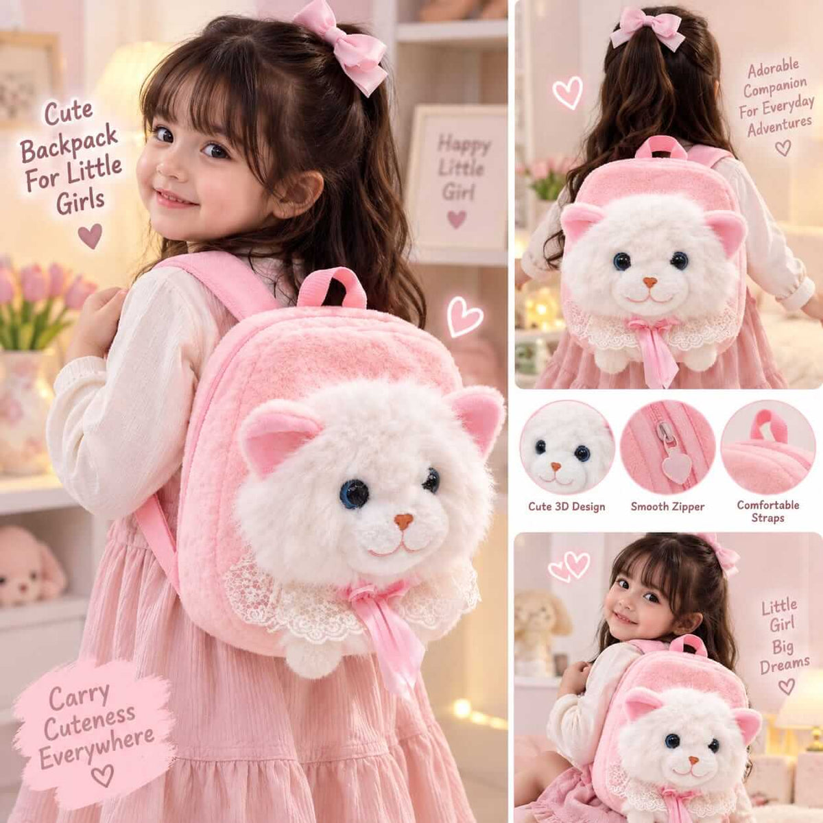 Fluffy Cat Plush Backpack for Girls – Small Size | 12 × 10 Inch