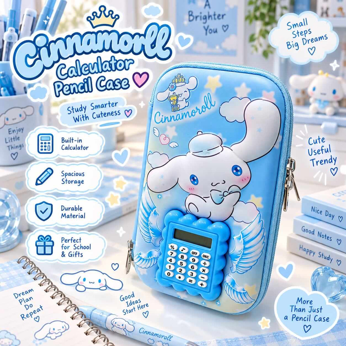 3D Sanrio Calculator Fiber Pencil Case – 8 × 5 Inch