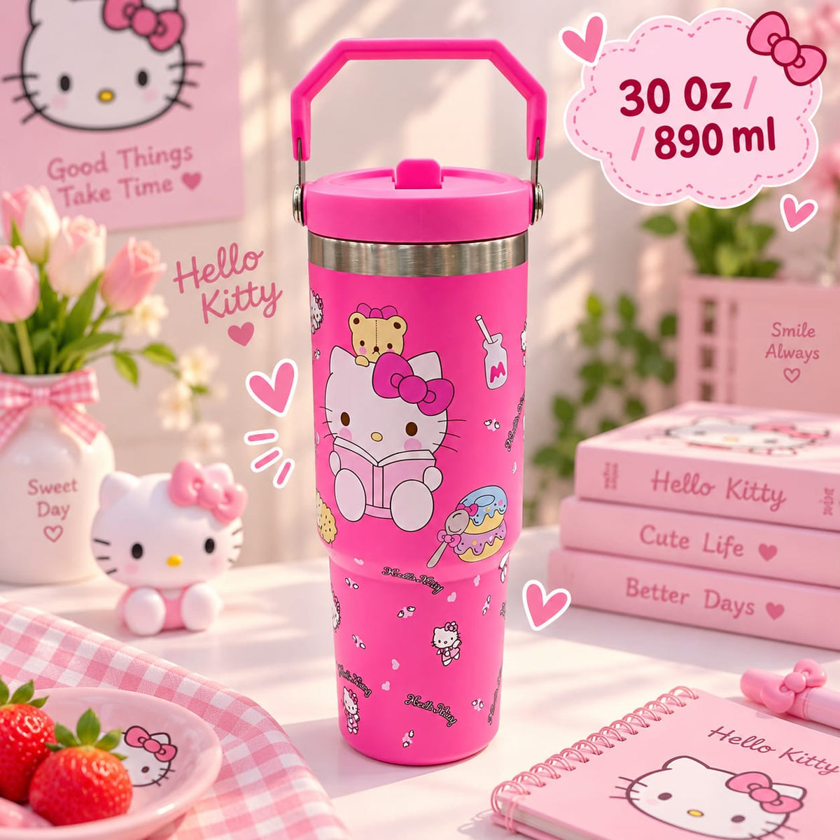 Hello Kitty Stainless Steel Handle Tumblers For Girls - 30 Oz / 890 ml - Hot & Cold