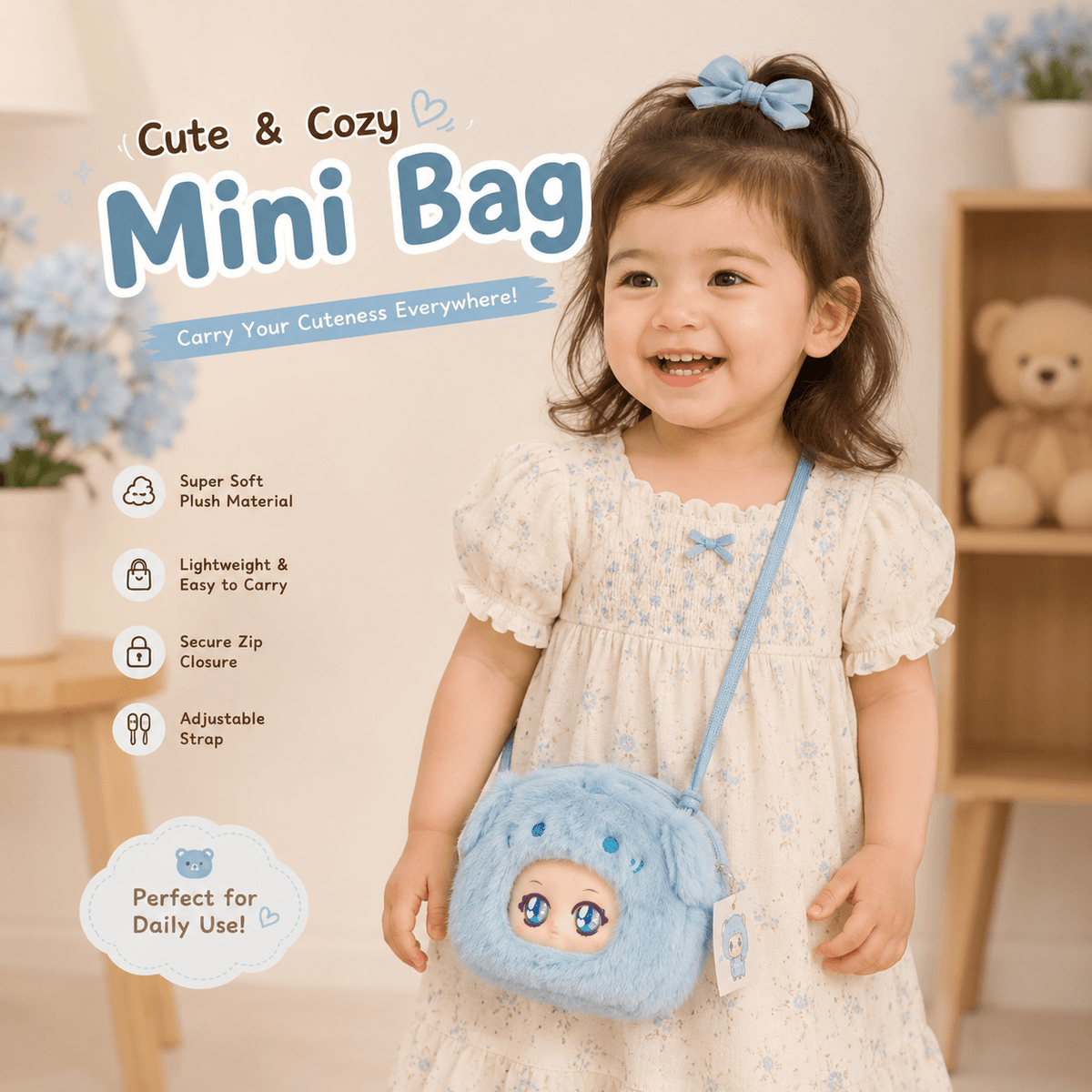 Cute Plush Mini Crossbody Kids Bag ( Size 6 × 5 Inch ) Soft Cartoon Coin Pouch