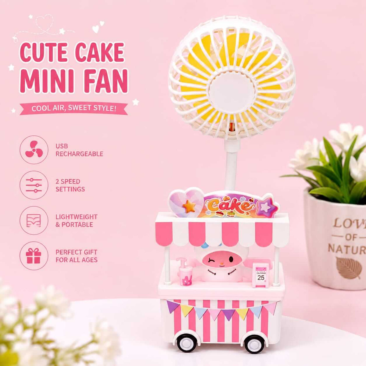 Cute Rechargeable Mini Stand Fans – 3 Speed Modes