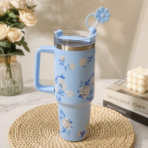 40 Oz Stainless Steel Floral Tumbler with Bow Stopper – Hot & Cold ❄🔥