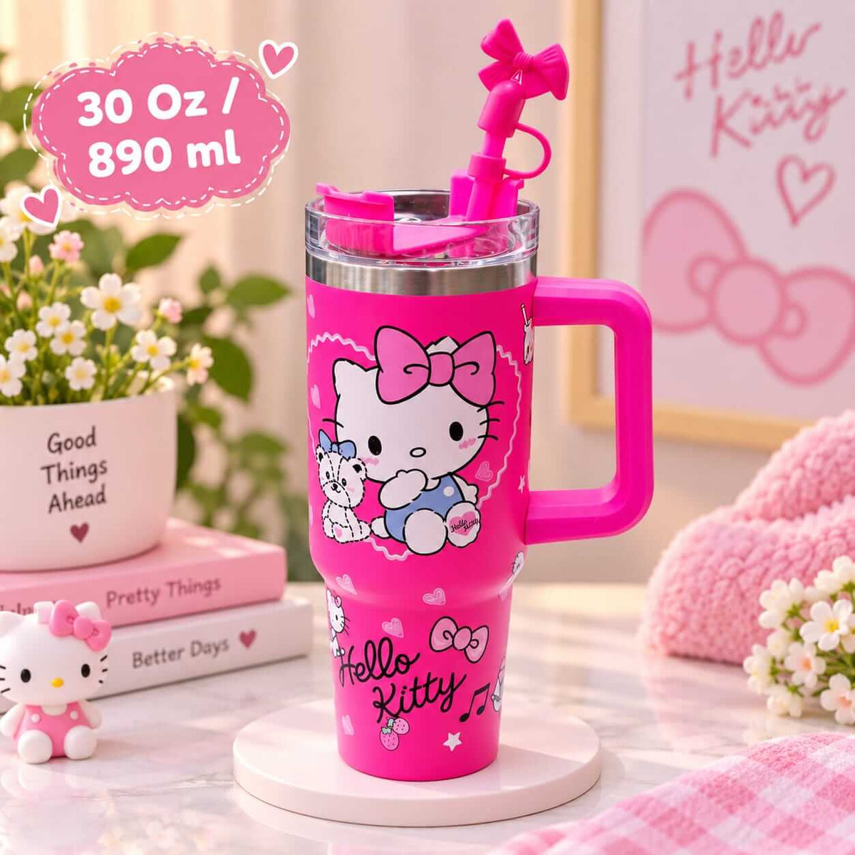 Hello Kitty Stainless Steel Girls Tumblers with Straw Stopper - 30 Oz / 890 ml