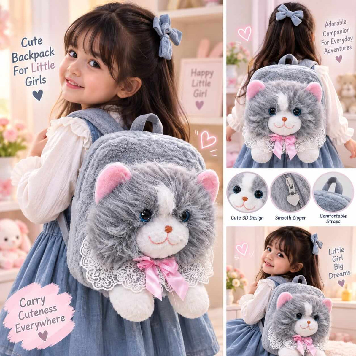 Fluffy Cat Plush Backpack for Girls – Small Size | 12 × 10 Inch