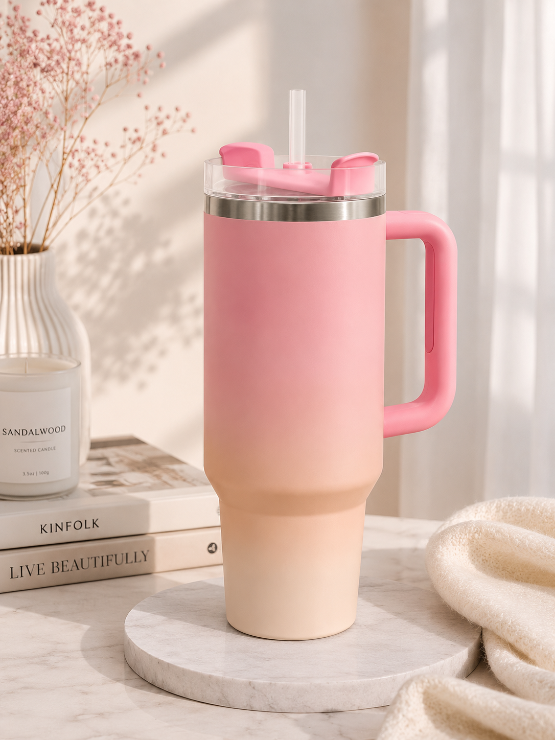 Premium Stainless Steel Tumbler with Handle & Straw – 40 Oz / 1200 ml Capacity