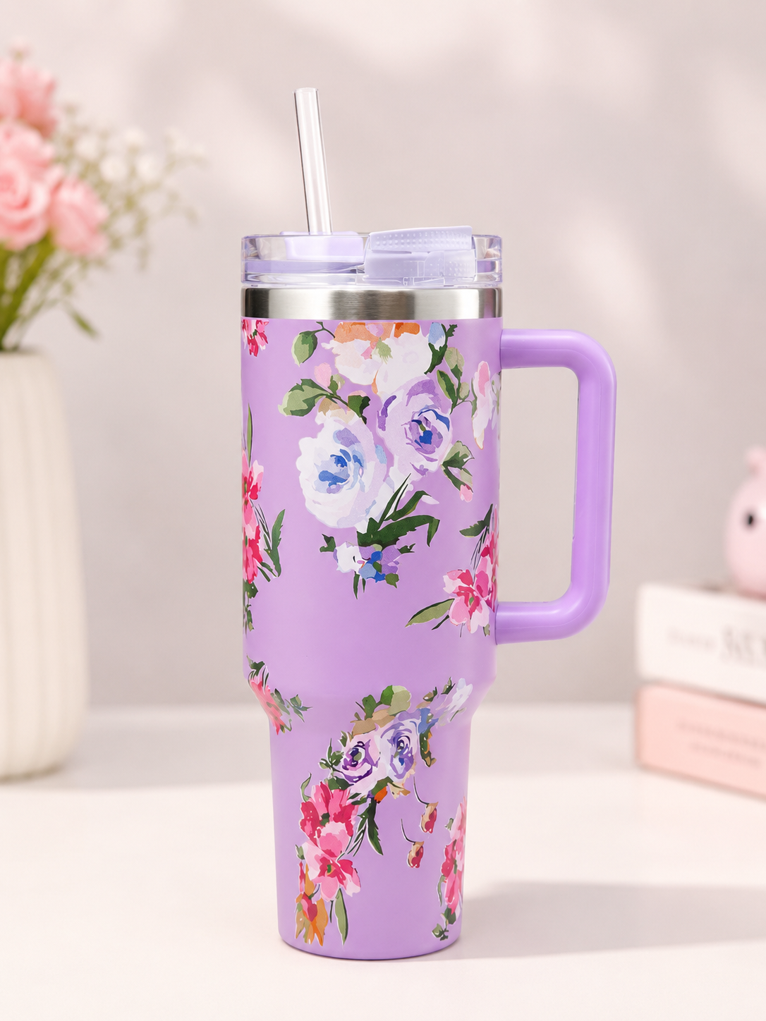 Premium Floral Stainless Steel Tumbler with Handle & Straw – 40 Oz / 1200 ml Capacity