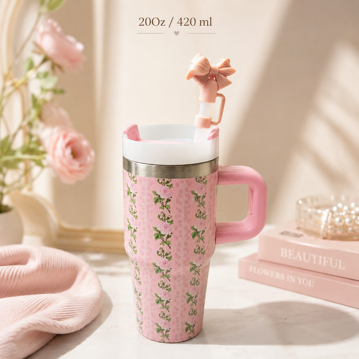 Blossom Floral Small Size Stainless Steel Tumbler + Straw with Bow Stopper ( 2O Oz / 420 ml )