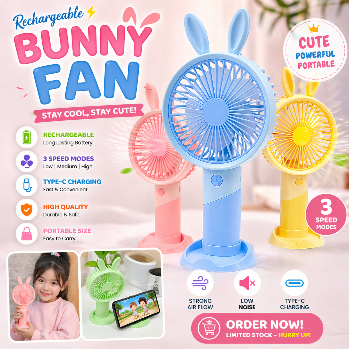 Cute Bunny Mini Rechargeable Hand Fan – Portable 3 Speed USB Fan for Kids & Travel ( Size : 20 × 10 cm )